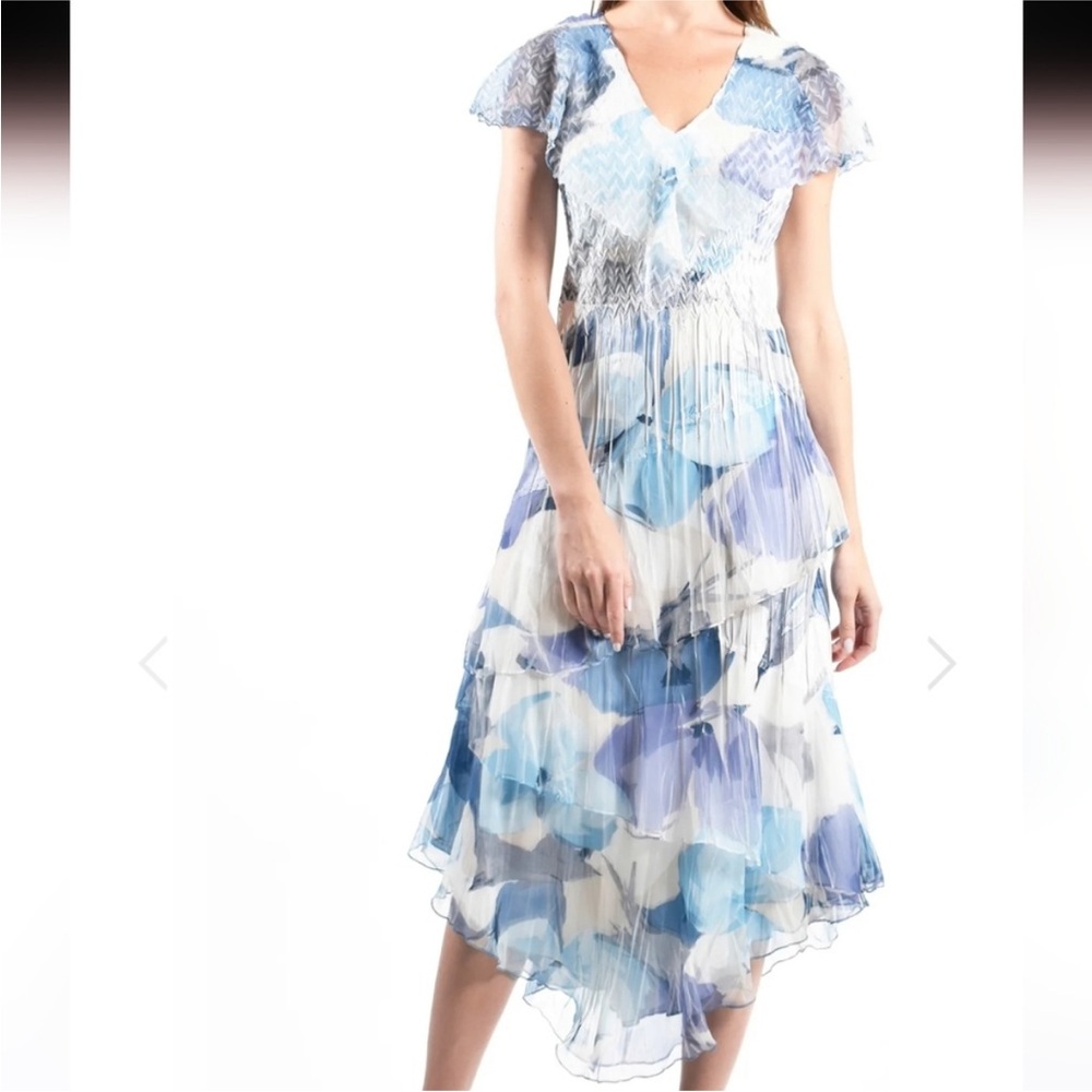 Komarov Floral Tiered Flutter Sleeve Chiffon Dress Size M